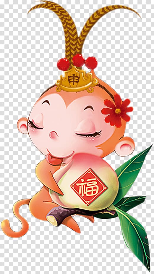 Sun Wukong Monkey Chinese zodiac Rooster, Monkey holding peach transparent background PNG clipart