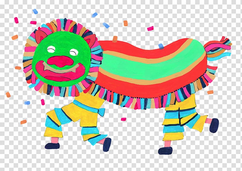 Lion dance Chinese New Year Dragon dance, Children painted traditional Chinese lion dance transparent background PNG clipart