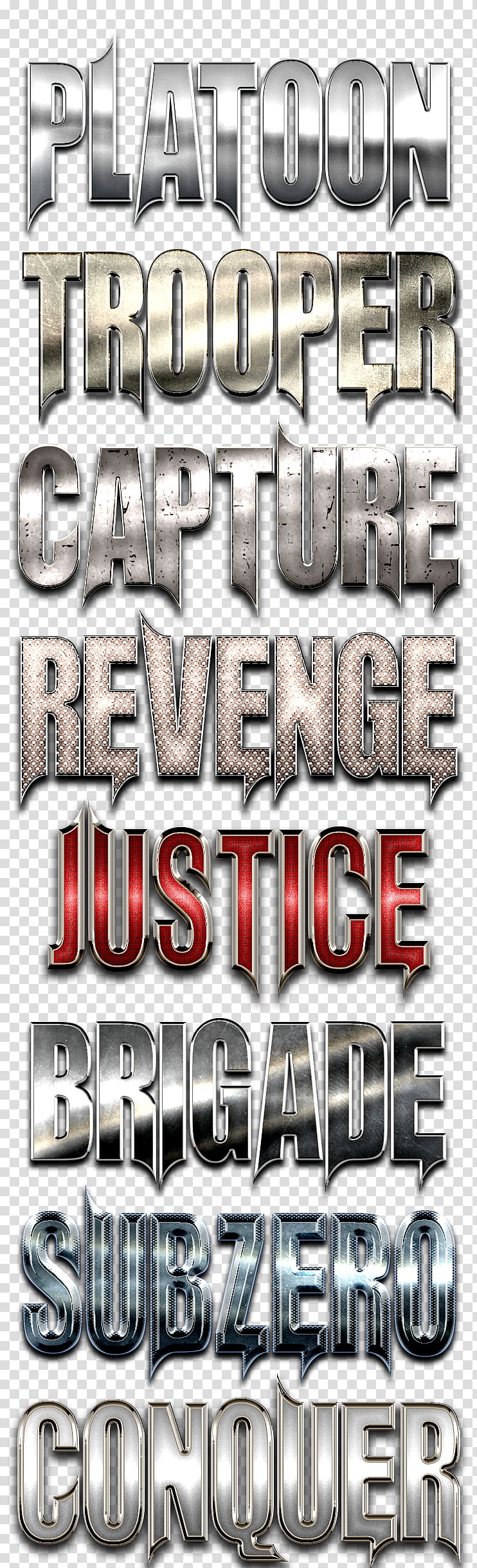 platoon trooper capture revenge justice brigade subzero conquer text, Metal Typeface Font, Metal Font transparent background PNG clipart