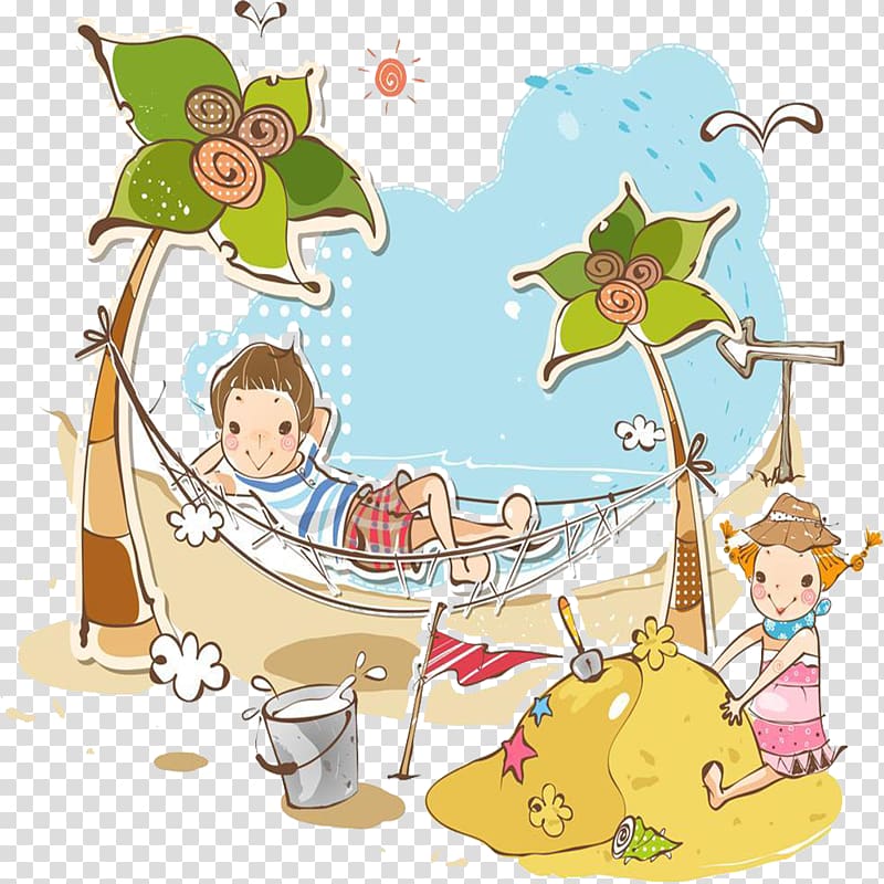 Summer vacation Beach, Playing on the edge of the beach transparent background PNG clipart