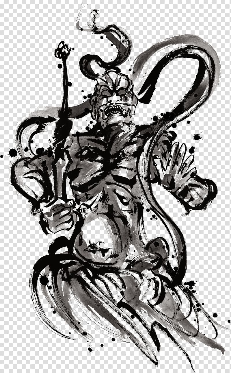 Dunhuang Black and white Ink wash painting Nio Motif, warrior transparent background PNG clipart