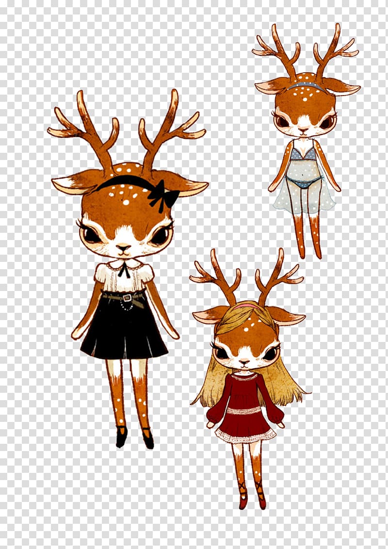 Reindeer Cartoon Illustration, Cartoon three deer transparent background PNG clipart