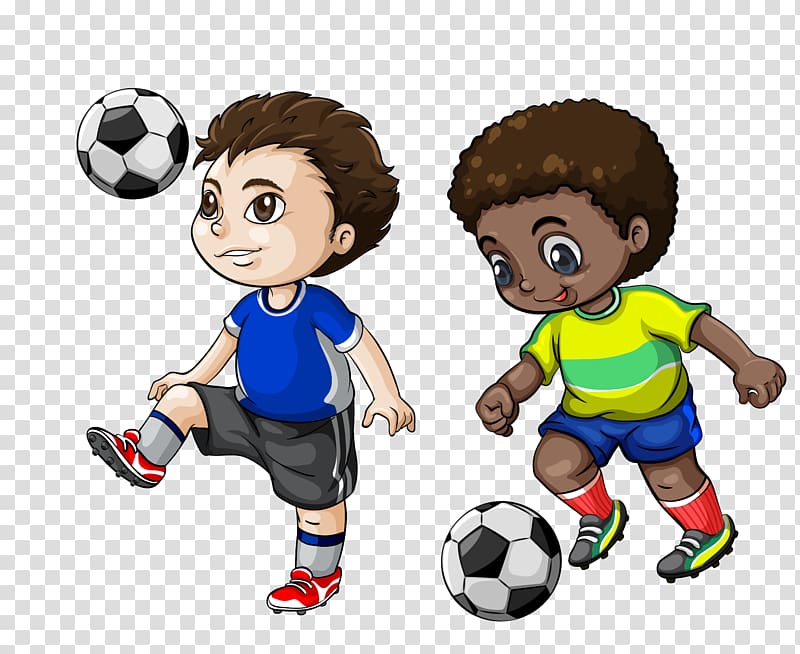 two boys playing soccer , Football player Cartoon , football transparent background PNG clipart