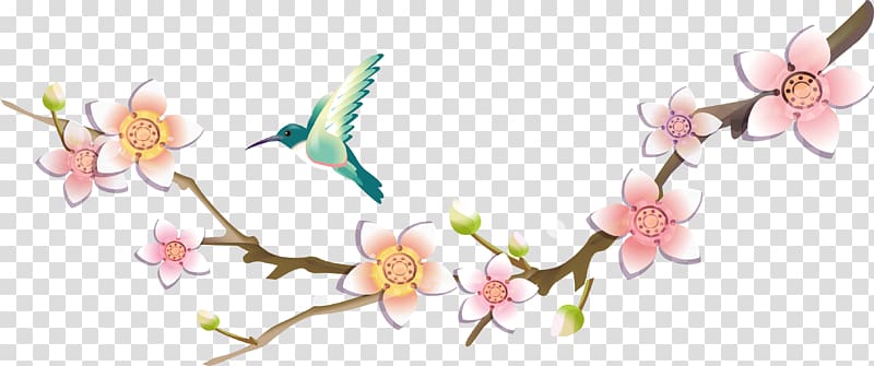 pink petaled flower and green hummingbird art, Bird Floral design Flower, Peach branches and birds transparent background PNG clipart
