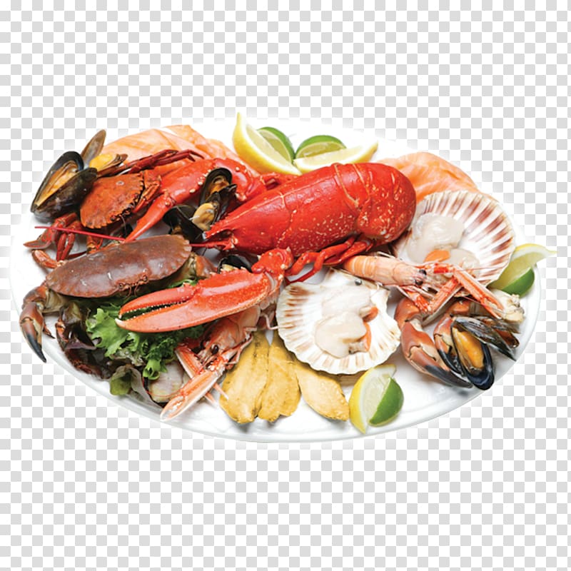 plate of seafood, Seafood Lobster Crab, Boston Lobster Meal transparent background PNG clipart