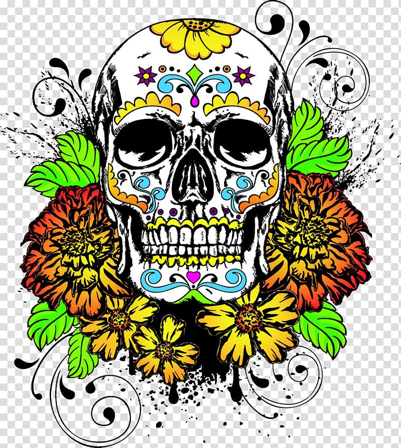 sugar skull , Calavera Marigold Day of the Dead Human skull symbolism Death, Color skeleton head skull transparent background PNG clipart
