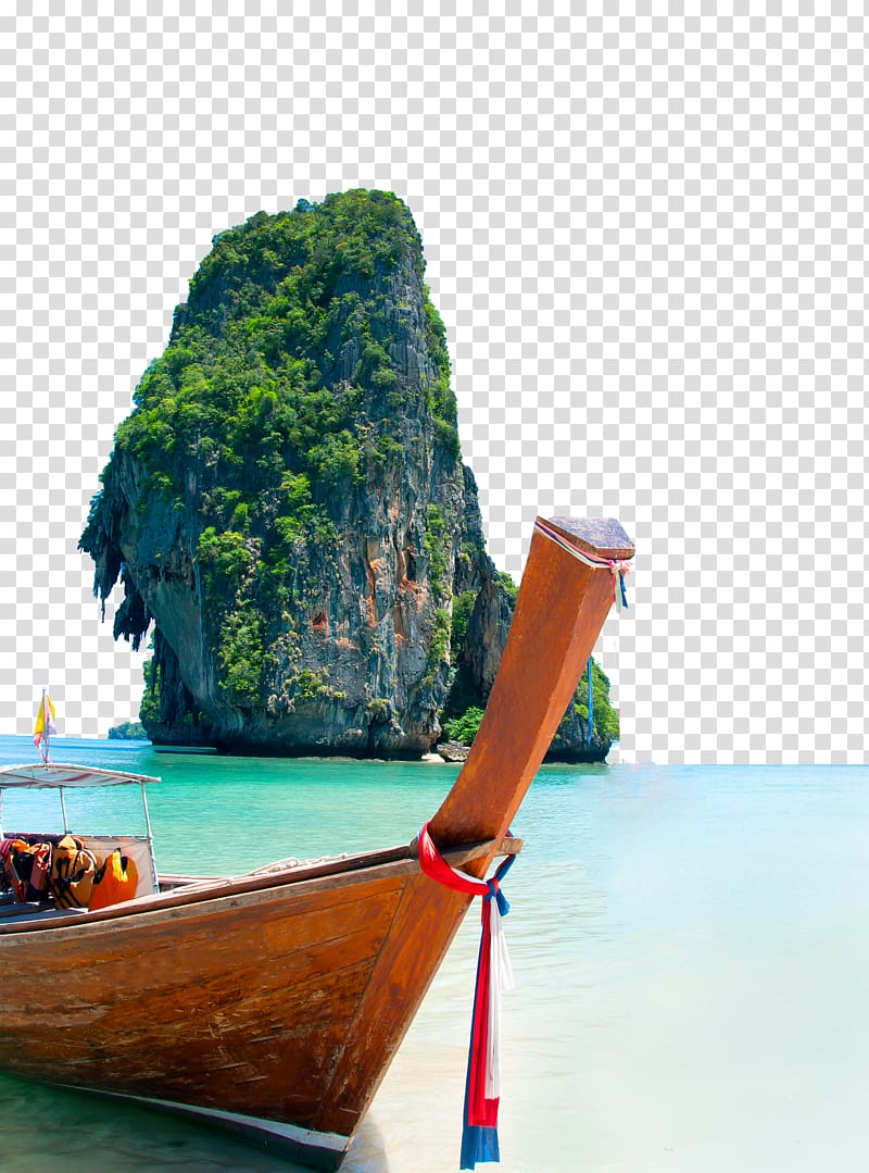 brown wooden boat on body of water beside island during daytime, Railay Beach Krabi Province Phuket Province Andaman Sea, HD lake scenery transparent background PNG clipart