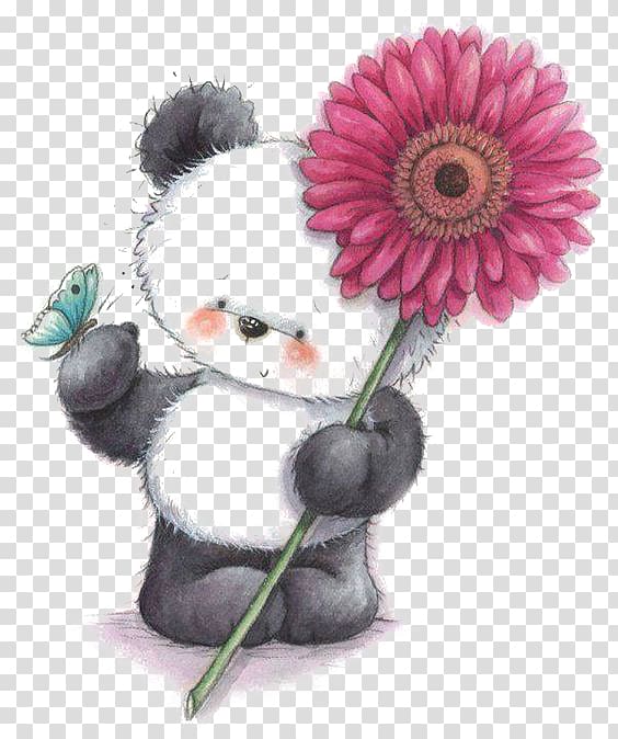 grey koala holding pink gerbera daisy flower illustration, Giant panda Paper Bear Drawing, Red Panda transparent background PNG clipart