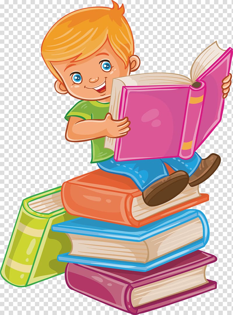 boy sitting on pile books while reading book, Child Reading Illustration, Sit in a book, read a Book transparent background PNG clipart