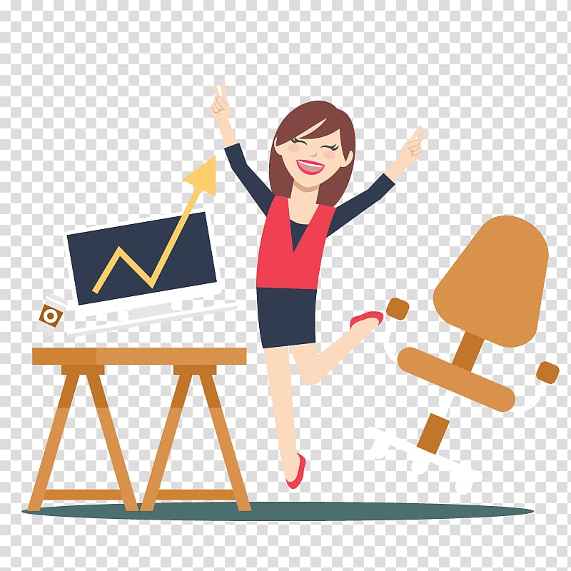 smiling woman between computer monitor, chair, and desk , Employee engagement Management Business Service Company, rose Business transparent background PNG clipart