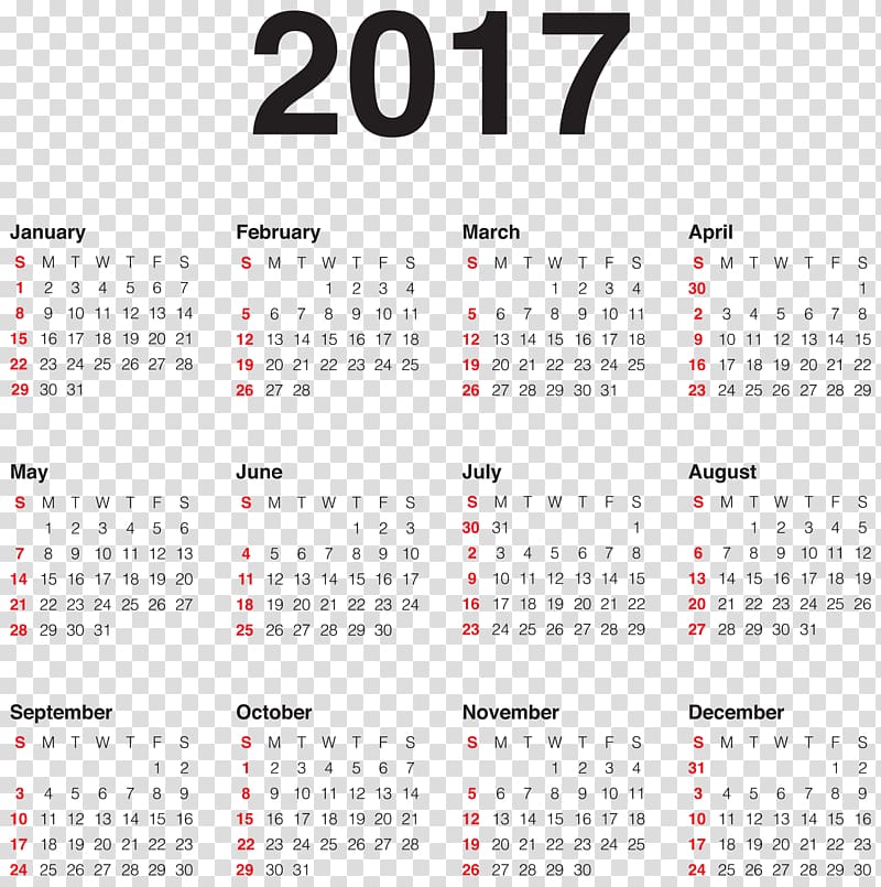 2017 calendar illustration, New Year\'s Day Calendar Holiday, 2017 Calendar transparent background PNG clipart