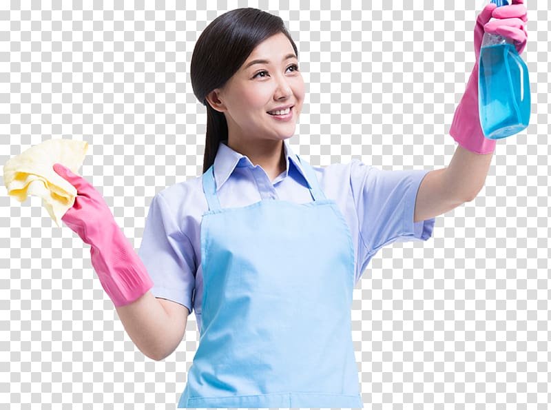 female holding spray bottle and yellow cloth], Janitor Cleaner, Clean the glass transparent background PNG clipart