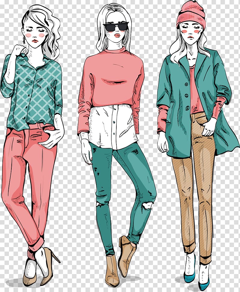 illustration of three women, Fashion Cartoon Drawing, Fashion woman transparent background PNG clipart