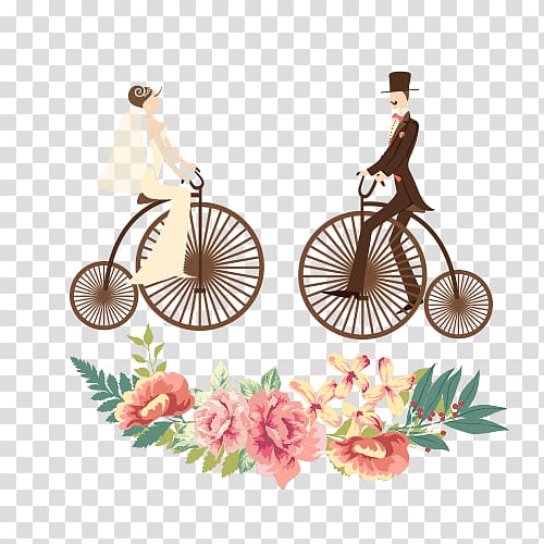 couple riding on farting bike, Wedding invitation Bridegroom Illustration, Biker bride and groom transparent background PNG clipart