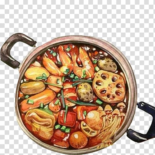 Chinese cuisine Hot pot Vegetarian cuisine Tokyo sanpo: promenades xe0 Tokyo Watercolor painting, Cock pot hand painting material transparent background PNG clipart