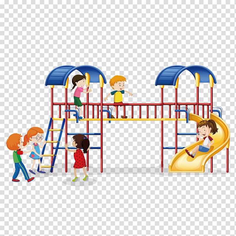 childrens playing on red and blue slide illustration, Child Play Illustration, Happy children playing slide slides transparent background PNG clipart