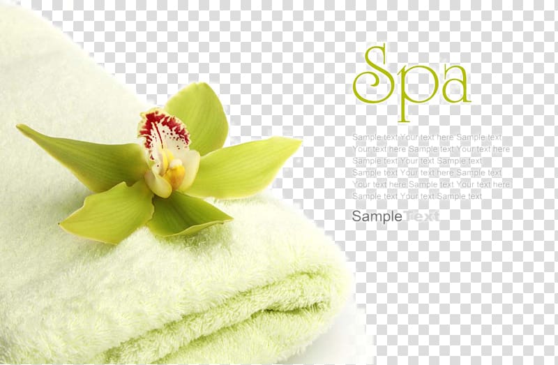 green petaled flower on green towel with Spa text overlay, Spa Essential oil Massage Cosmetology Facial, Oil supplies Towel SPA transparent background PNG clipart
