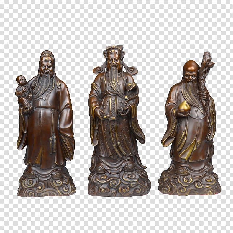 Sanxing Statue Bronze Fu Xing Classical sculpture, Fulu Shou God of Wealth transparent background PNG clipart