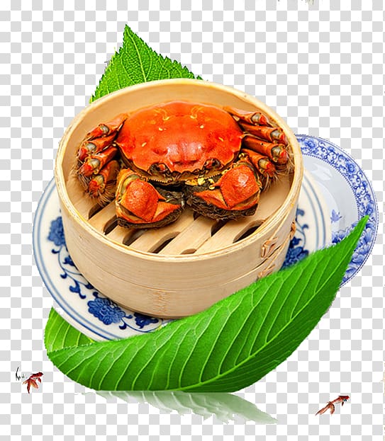 Baozi Crab Jiaozi Bamboo steamer Xiaolongbao, Green leaves and white porcelain crabs transparent background PNG clipart
