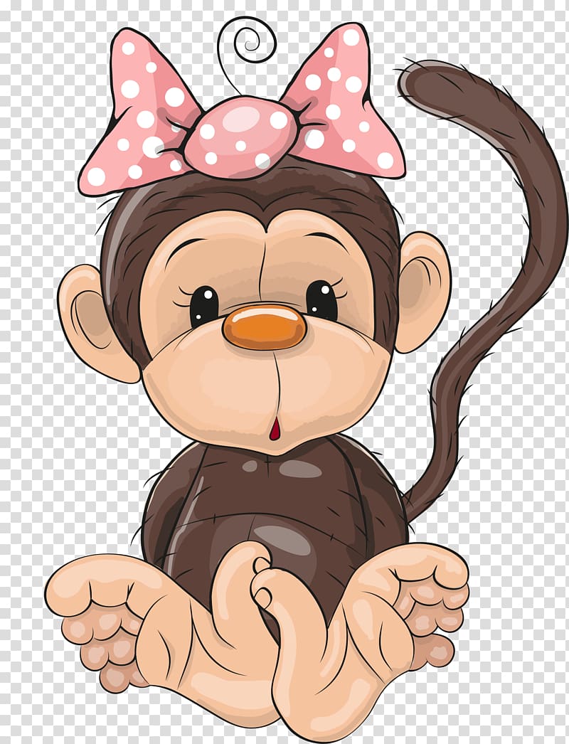 monkey with pink bow illustration, Cartoon Monkey Illustration, Cute monkey transparent background PNG clipart