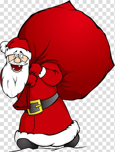 Santa Claus Cartoon Gift, Santa Claus carrying a parcel transparent background PNG clipart