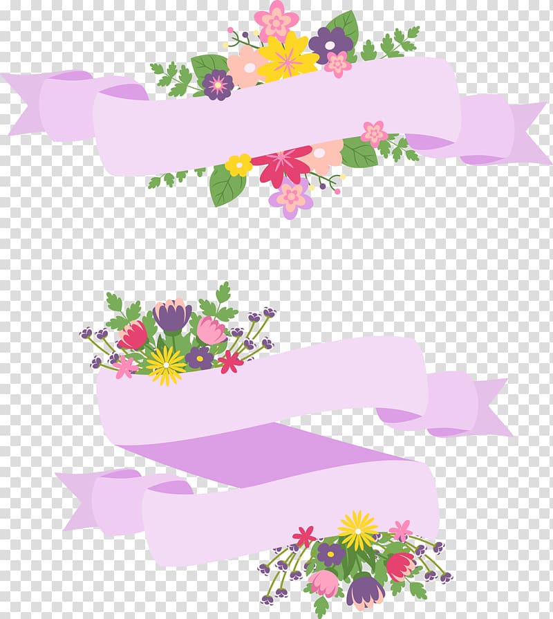 flowers and ribbon illustration, Flower, hand-painted cartoon flower label transparent background PNG clipart