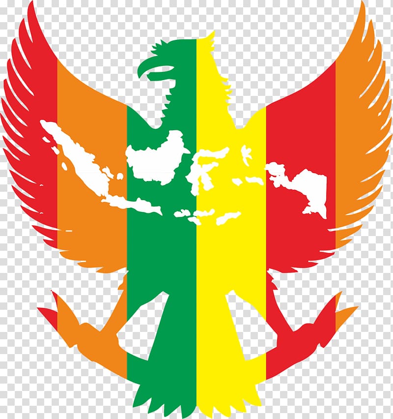 yellow, red, green, and orange eagle illustration, National emblem of Indonesia Pancasila Garuda Bhinneka Tunggal Ika, vektor transparent background PNG clipart