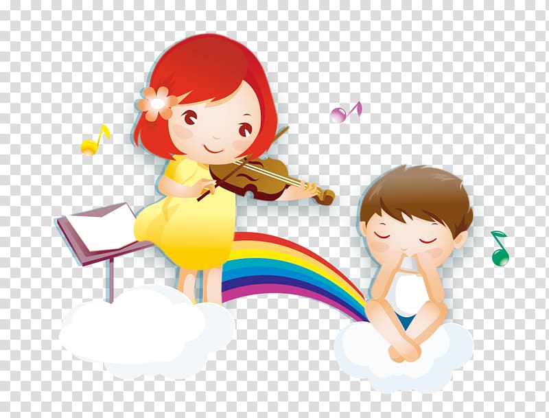 girl playing violin standing on cloud near boy sitting on cloud illustration, Cartoon Violin , Violin child transparent background PNG clipart