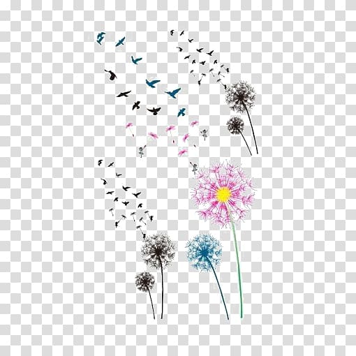 pink and black dandelions, Common Dandelion Bird Tattoo Flash, Colorful dandelion transparent background PNG clipart