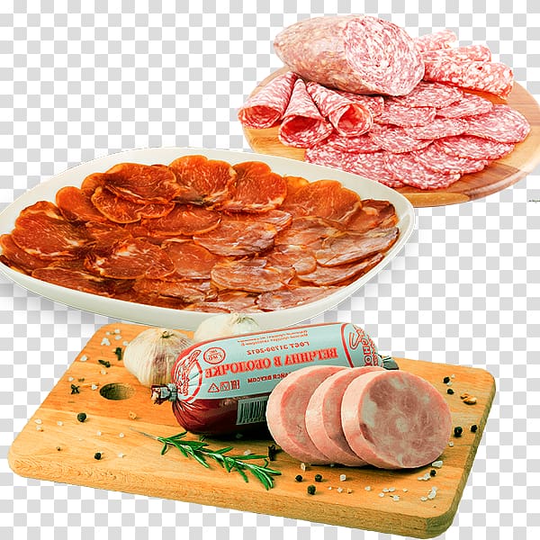 Salami Sausage Ham Capocollo Soppressata, Ham on a felt board transparent background PNG clipart