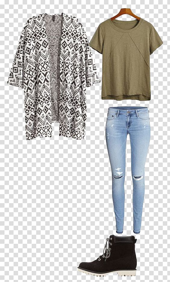 women's white and black cardigan and blue jeans outfit, T-shirt School Polyvore Dress Clothing, Women\'s clothing with transparent background PNG clipart