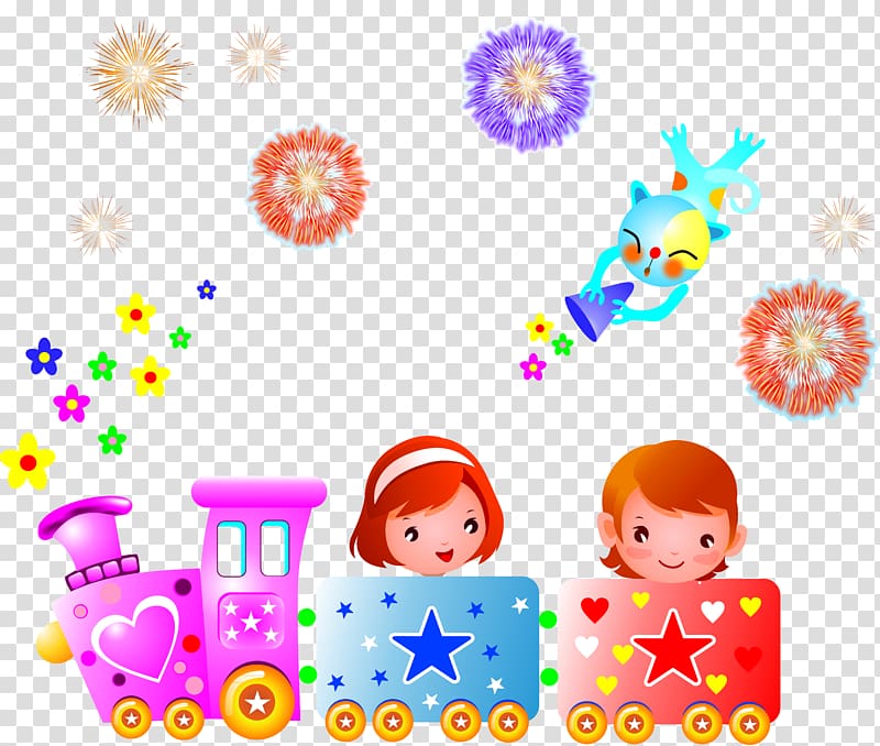 two girls riding multicolored train illustration, Train Child Kindergarten , fiesta transparent background PNG clipart