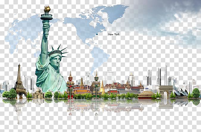 assorted landmarks illustration, Thailand World Travel , Statue of Liberty transparent background PNG clipart