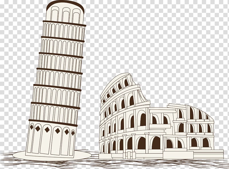 Leaning Tower of Pisa and Coliseum illustration, Colosseum Leaning Tower of Pisa Architecture, Leaning Tower of Pisa and the Colosseum in Rome transparent background PNG clipart