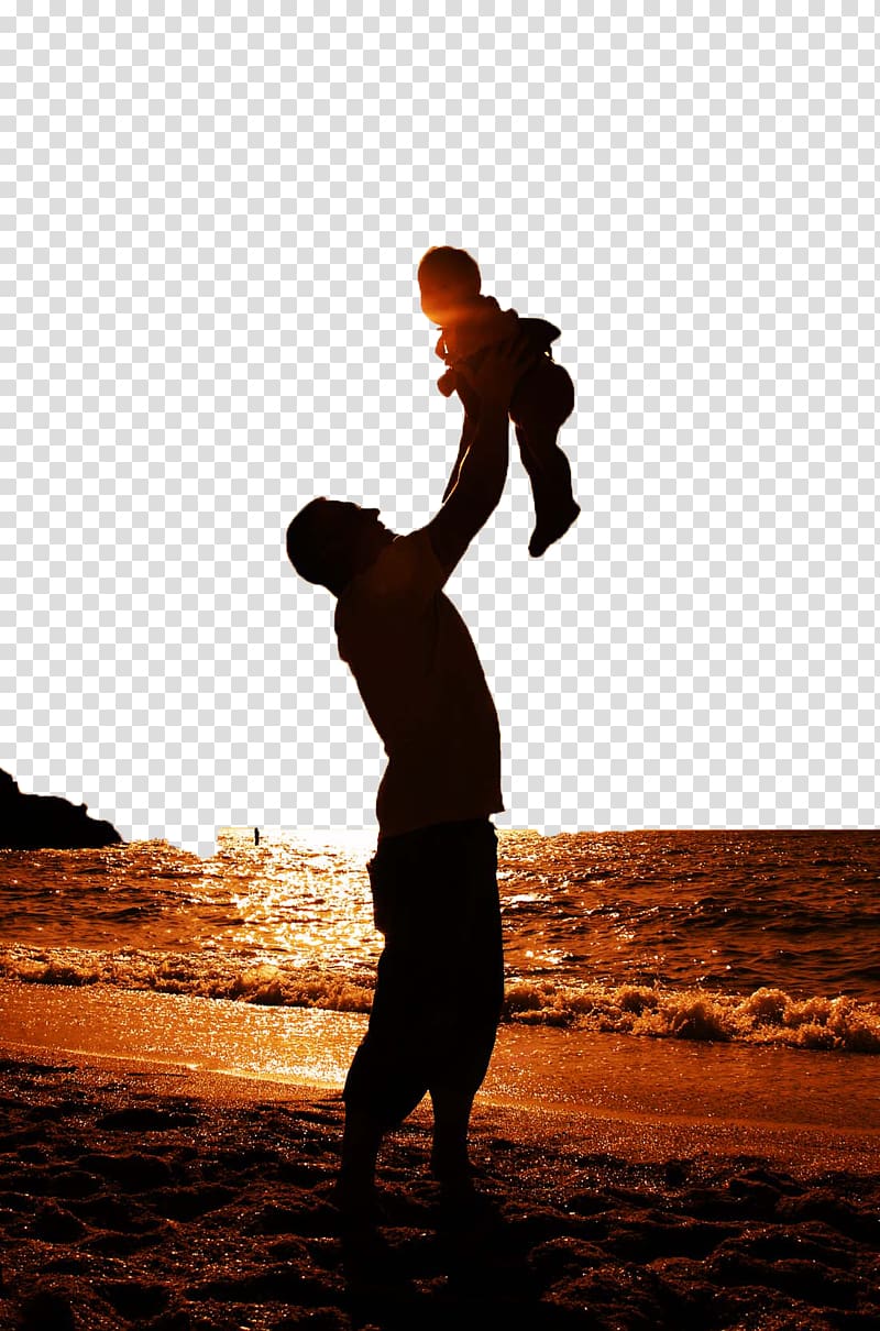 silhouette of man lifting child on seashore during sunset, Fathers Day Family , Happy father and child transparent background PNG clipart