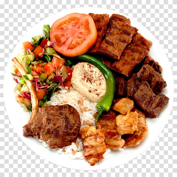 sliced lamb chops with tomato, chili, and rice on plate, Mixed grill Barbecue Kebab Middle Eastern cuisine Turkish cuisine, kebab transparent background PNG clipart