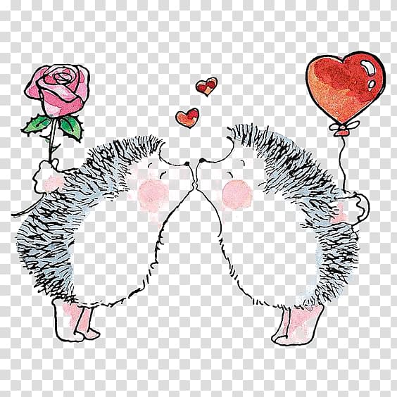 two kissing hedgehogs holding rose flower and heart balloon illustration, Hedgehog Penny Black Rubber stamp Drawing, kiss transparent background PNG clipart
