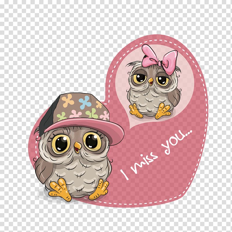 two gray owl with heart , Owl Cartoon Illustration, Owl Love transparent background PNG clipart