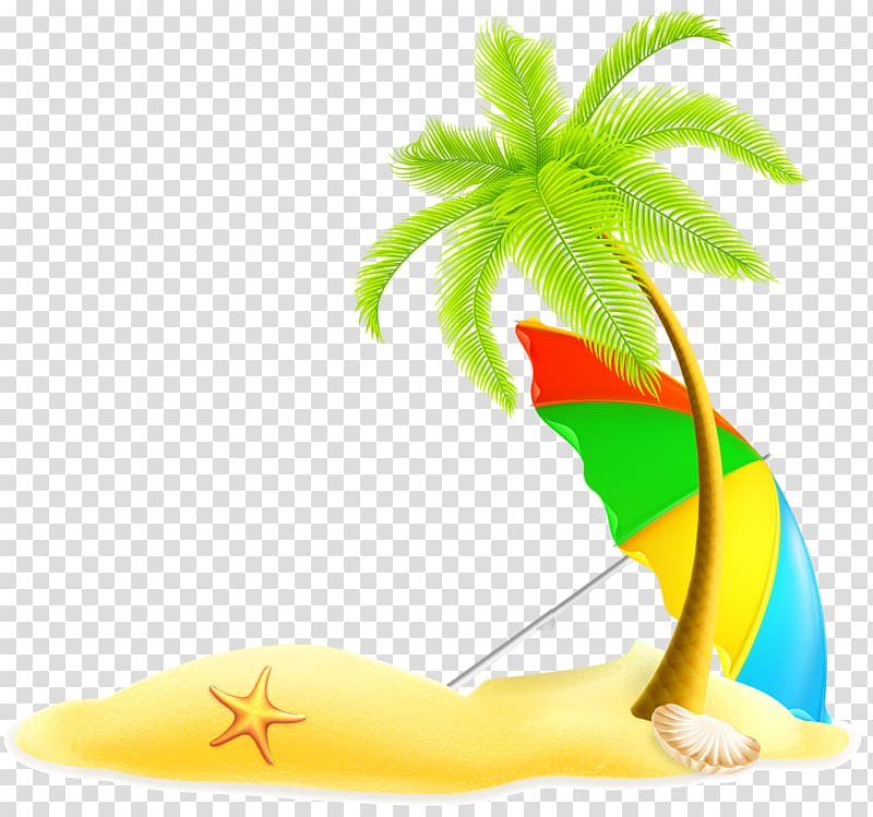 green palm tree with parasol umbrella , Beach Summer Illustration, Palm island material transparent background PNG clipart