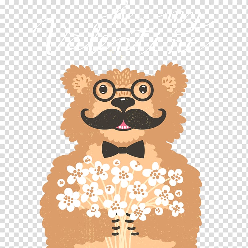 Bear Flower bouquet Valentines Day Illustration, Bespectacled cartoon bear transparent background PNG clipart