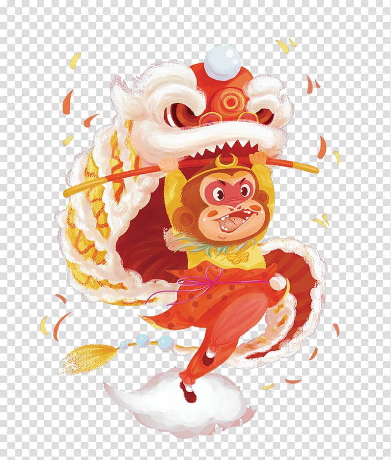 Chinese New Year Greeting card Monkey, Cartoon Sun Wukong dance lion transparent background PNG clipart