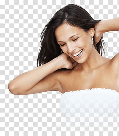 woman holding the back of her neck, Happy Woman Looking Down transparent background PNG clipart