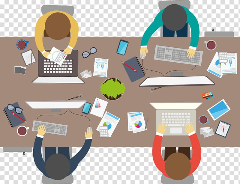 four people using computers illustration, Meeting Flat design Office Businessperson, Top view of business people transparent background PNG clipart