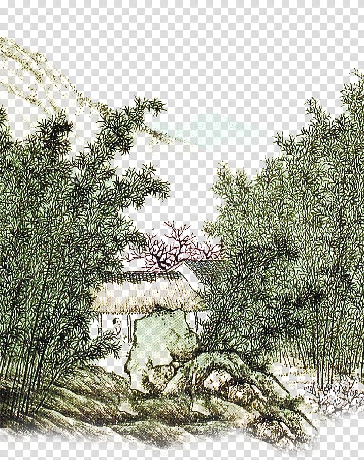 Ink wash painting Landscape, Ink bamboo hand painted transparent background PNG clipart