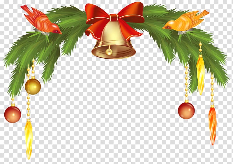 gold bell with green leaves Christmas wreath illustration, Jingle bell , Christmas Bells with Pine Branch transparent background PNG clipart