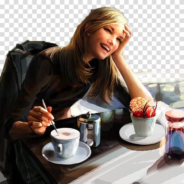 China Illustrator Art Painting Illustration, Coffee girl transparent background PNG clipart