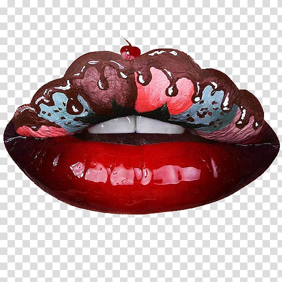red lips with chocolate illustration, Lipstick Make-up Maquillaje artxedstico, Pastry cream painted lipstick makeup transparent background PNG clipart