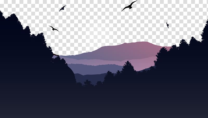 Mountain Euclidean Landscape, Asaka mountain forest background , trees and bird silhouette art transparent background PNG clipart
