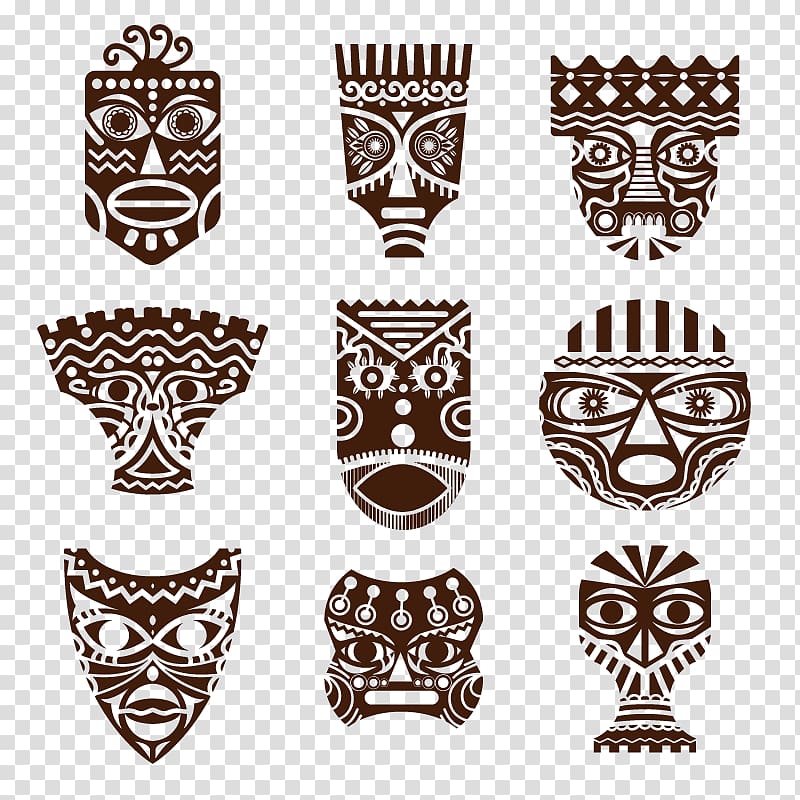 nine brown mask illustrations, Traditional African masks Drawing, Retro pattern mask transparent background PNG clipart