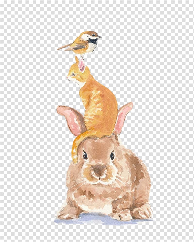 brown rabbit, orange cat, and brown bird painting, Rabbit Bird Tiger Cat Illustration, Hand painted Watercolor Birds Cow Rabbit Crowd transparent background PNG clipart